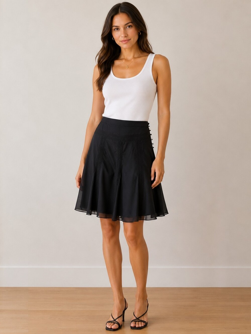 Apostrophe Black A-Line Lace-Panel Flowing Lined  Skirt With Side Buttons